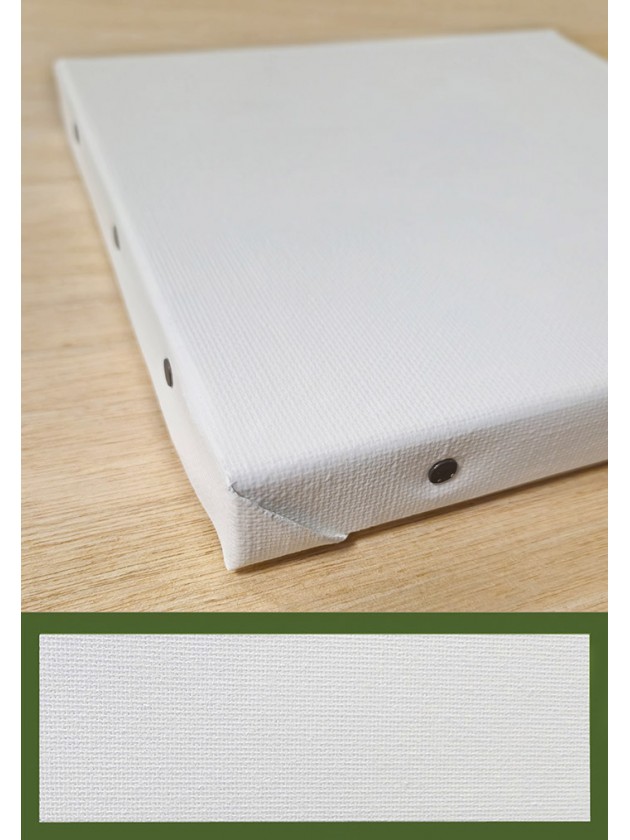 Support carré 20x20 cm avec toile polyester/coton blanc grain moyen 330g/m² – Master Toiles.